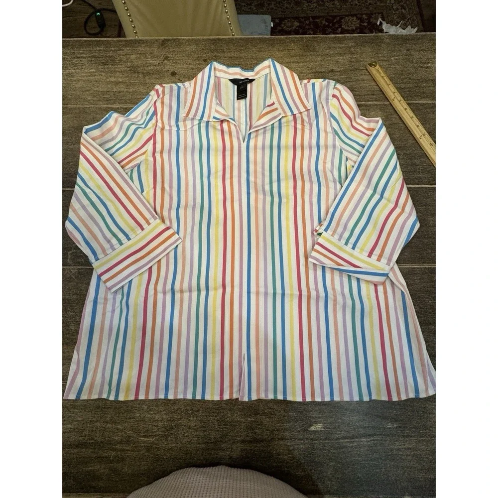 Ali‎ Miles Rainbow Stripe V Neck Collared Shirt Tunic 3/4 Sleeve Size XL
